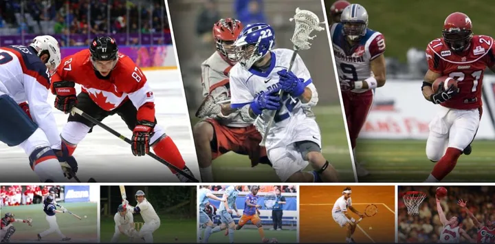 Sports collage featuring ice hockey, lacrosse, American football and tennis